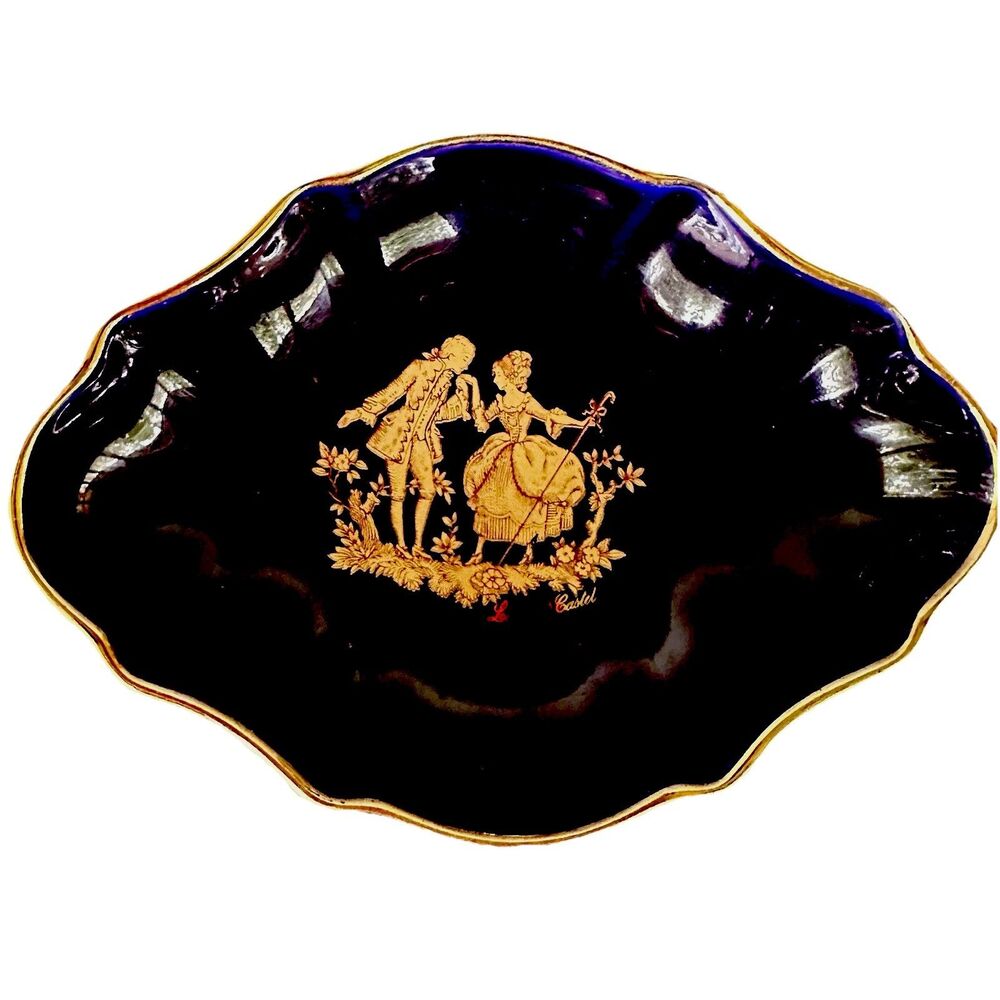 Vintage Limoges Castel Cobalt Trinket Dish 22K Gold France Romantic Couple Mini